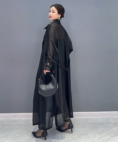 Sheer Belted Long Cardigan