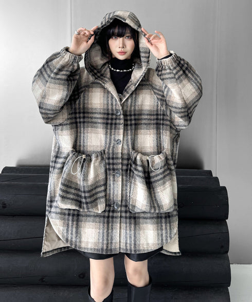 Oversized Plaid Hooded Coat