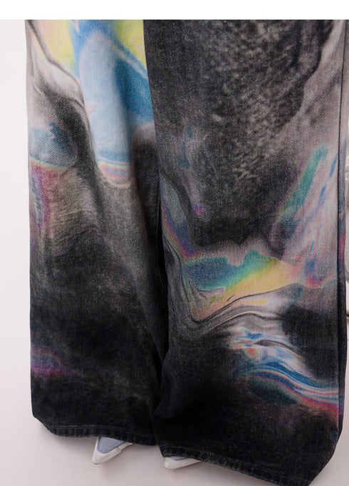 Iridescent Print Denim Wide Pants