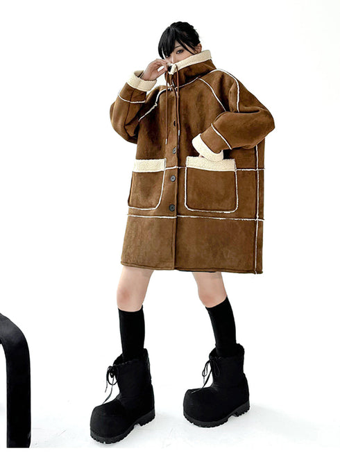 Hooded Faux Shearling Patch Coat
