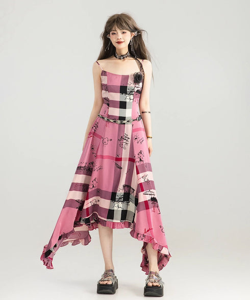 Graffiti Plaid Frill Dress