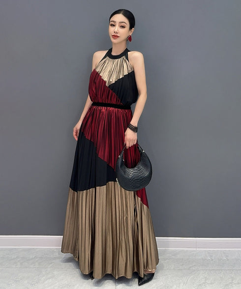 Tri-Color Pleated Halter Dress