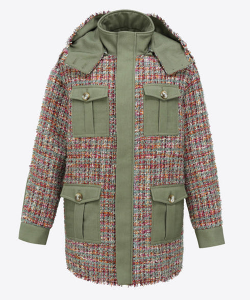 Hooded Tweed Panel Coat
