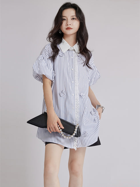 Striped Flower Puff Blouse
