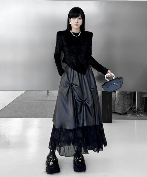 Glossy Gather Lace Hem Maxi Skirt