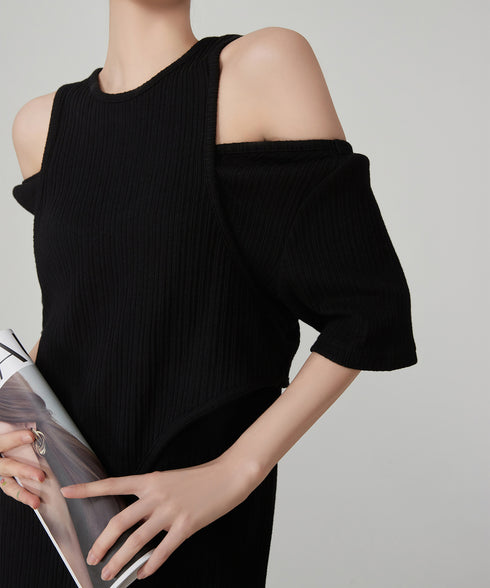 Shoulder-Slit Rib Dress