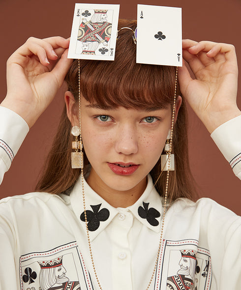 Card Print Collar Blouse