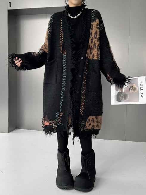 Frayed Leopard Patch Knit Cardigan