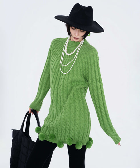Cable Pom Hem Knit Sweater