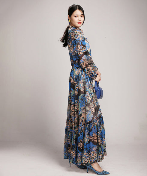 Abstract Print Tiered Long Dress