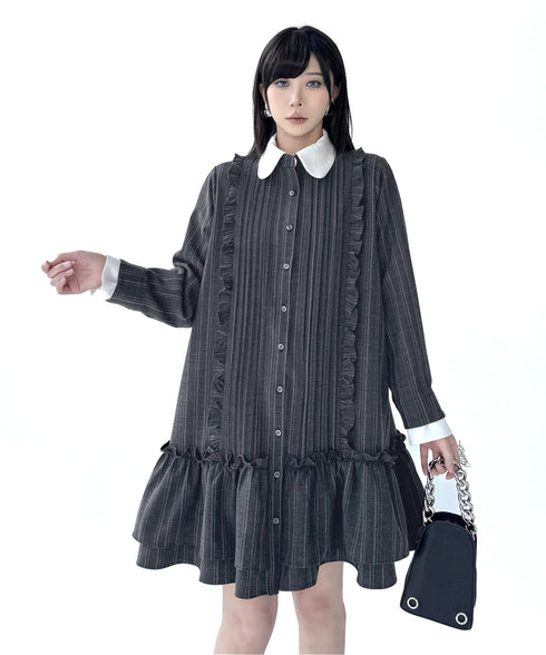 Pinstripe Ruffle Collar Shirt Dress