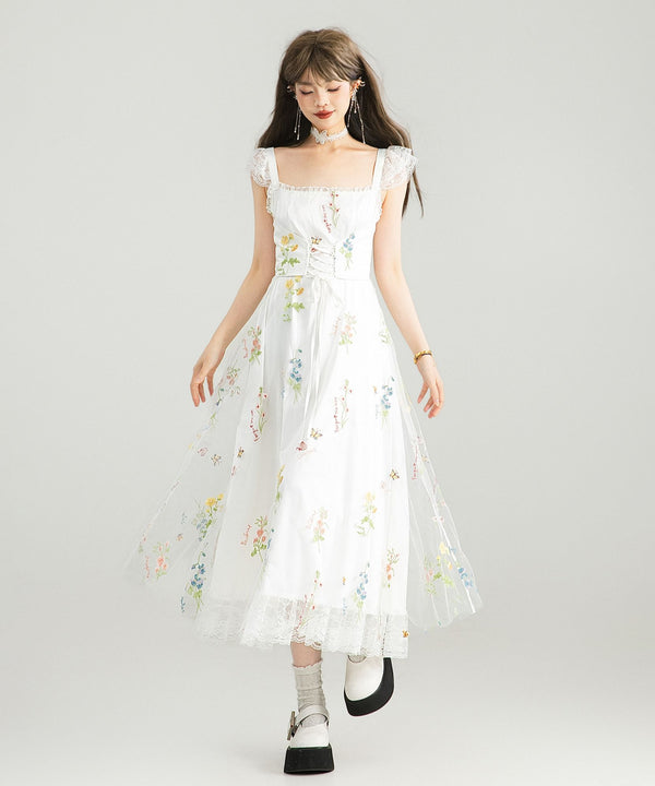 Floral Lace-Up Midi Dress