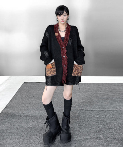 Fringe Patchwork Knit Cardigan