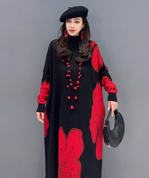 Floral Motif Knit Long Dress