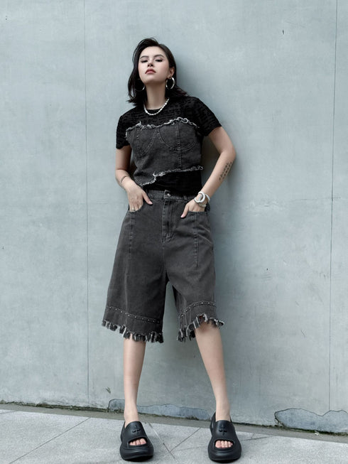Raw Fringe Wide Denim Shorts
