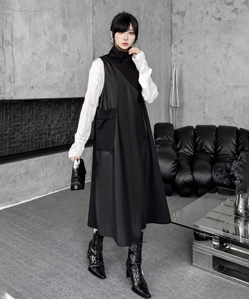 Mock Neck Overlay Pocket Dress