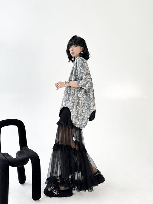 Wave Hem Lace Mesh Top