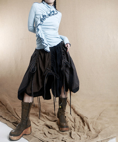 Gathered Patchwork Flare Skirt