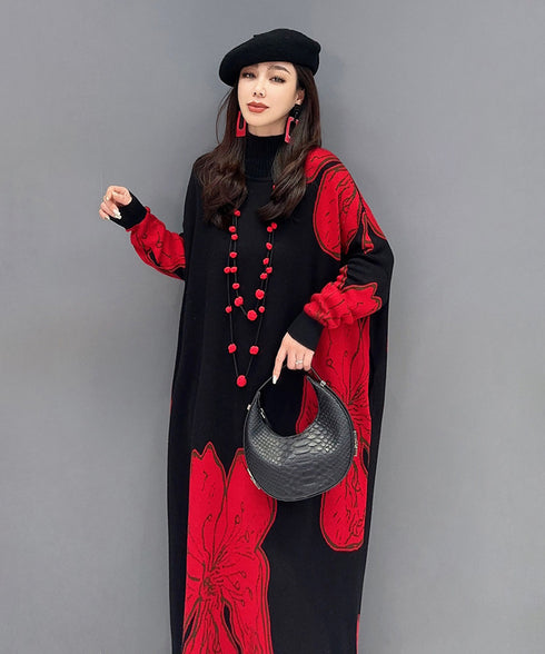 Floral Motif Knit Long Dress