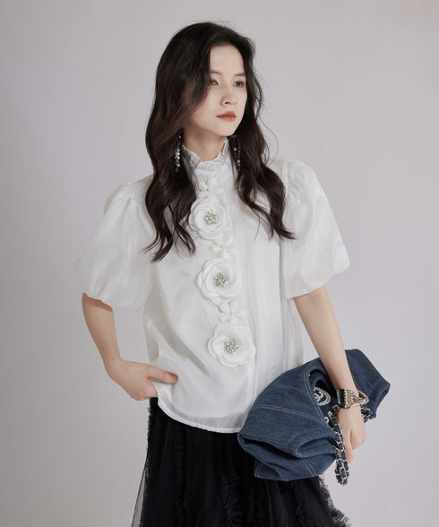 Floral Appliqué Puff Blouse