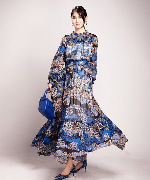 Abstract Print Tiered Long Dress