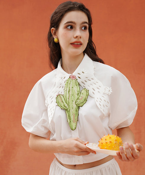Cactus Cutwork Puff Sleeve Blouse
