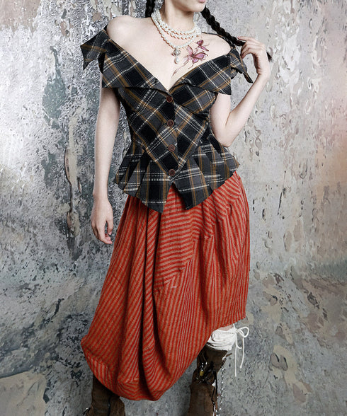 Plaid Edge Frill Blouse