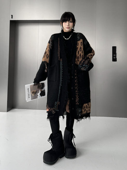 Frayed Leopard Patch Knit Cardigan