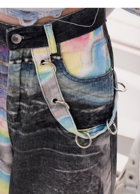 Iridescent Print Denim Wide Pants