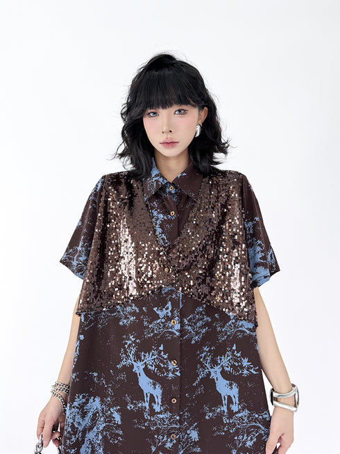Sequin Deer Print Shirt Dress