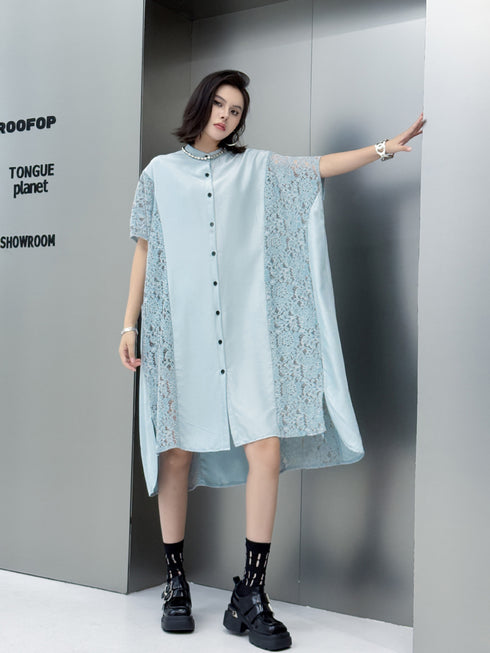 Lace Panel Relaxed Shirt Dress