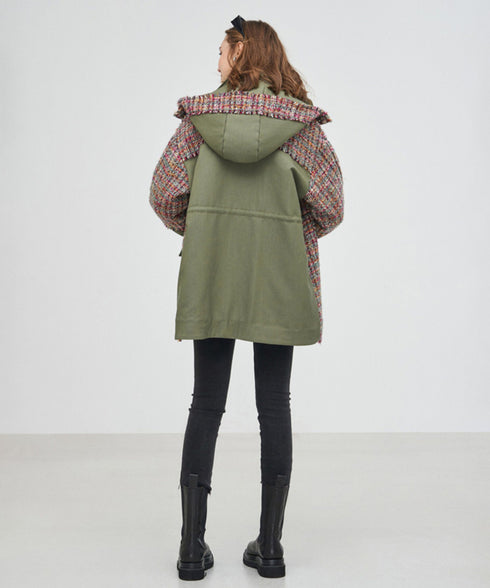Hooded Tweed Panel Coat