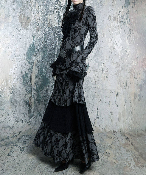 Lace Veil Ruffle Maxi Dress