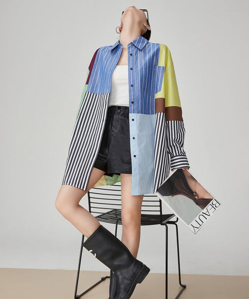 Patchwork Stripe Long Blouse