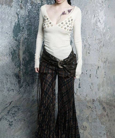 Plaid Flare Ribbon Pants