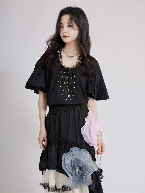 Beaded Collar Flare Blouse