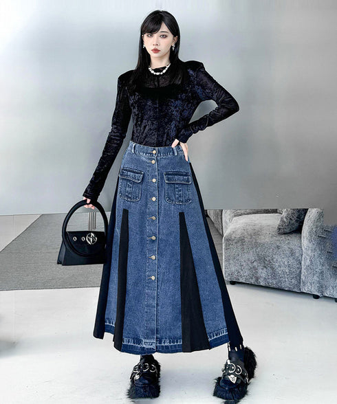 Contrast Panel Denim Flare Skirt