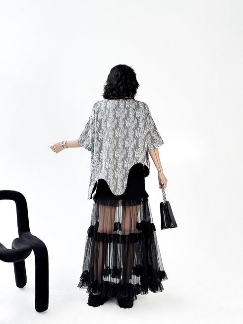 Wave Hem Lace Mesh Top
