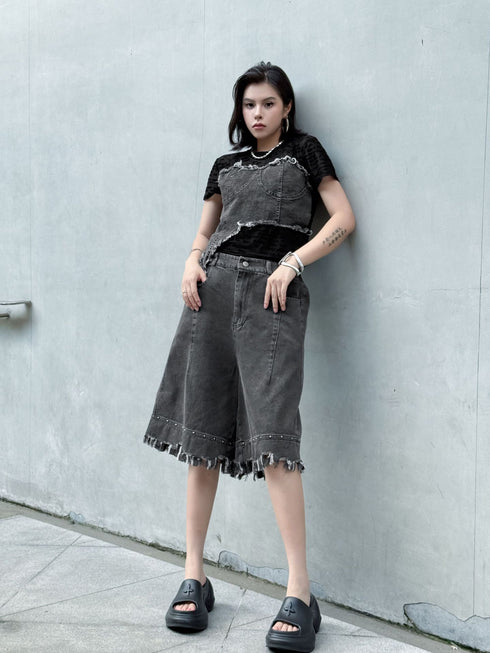 Raw Fringe Wide Denim Shorts