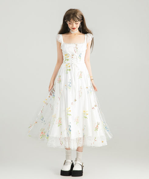 Floral Lace-Up Midi Dress