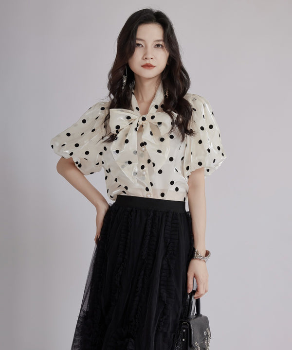 Glossy Dot Bow Blouse