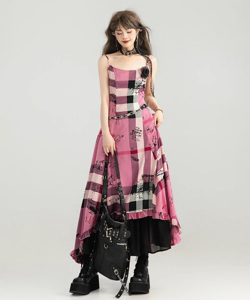 Graffiti Plaid Frill Dress