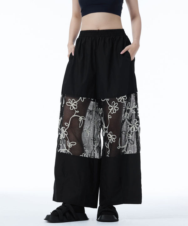 Sheer Floral Mesh Wide Pants