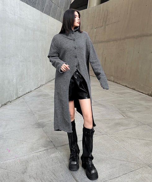 Asym Button Long Knit Top