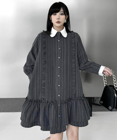 Pinstripe Ruffle Collar Shirt Dress