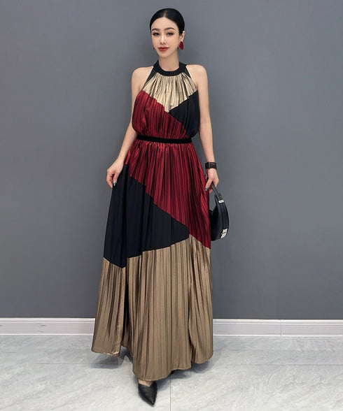 Tri-Color Pleated Halter Dress