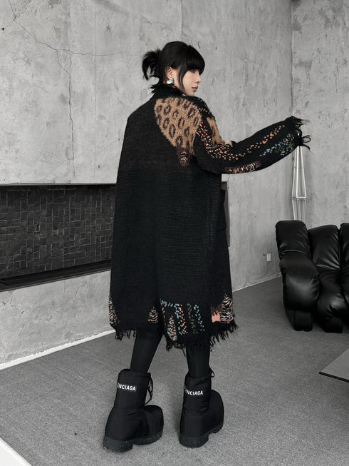 Frayed Leopard Patch Knit Cardigan