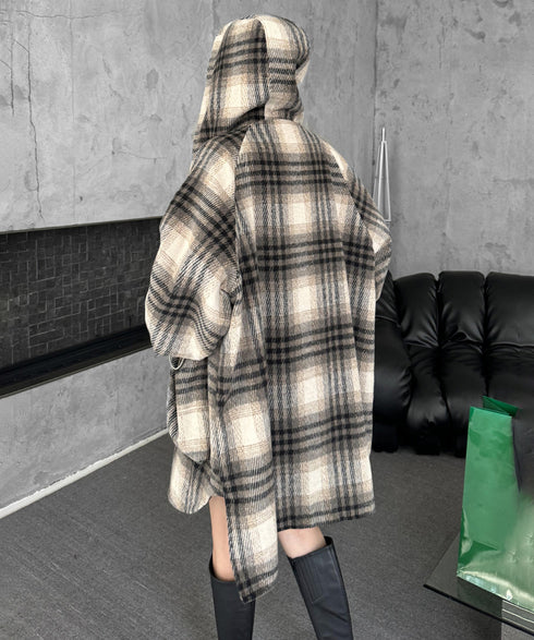 Oversized Plaid Hooded Coat