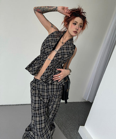 Plaid Vest Top & Cargo Wide Pants Series