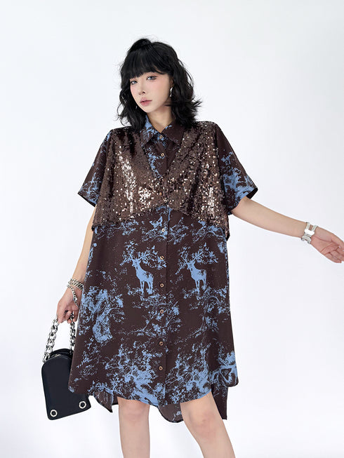 Sequin Deer Print Shirt Dress